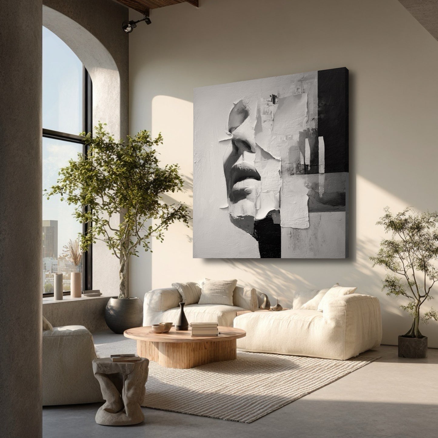 A large abstract face painting in a bright, minimalist living room with a large arched window, plants, and cream furniture.
