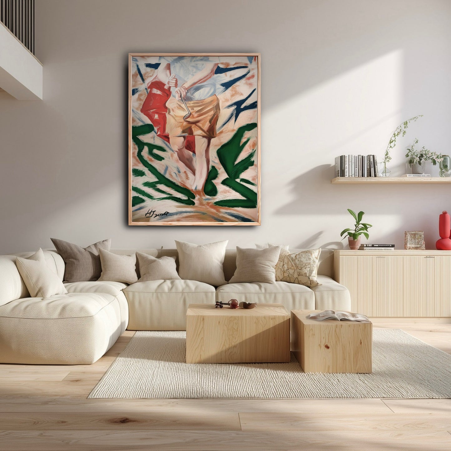 Abstract golf painting in a bright modern living room. Warm beige art tones blend with light wood tables and a cream sofa.