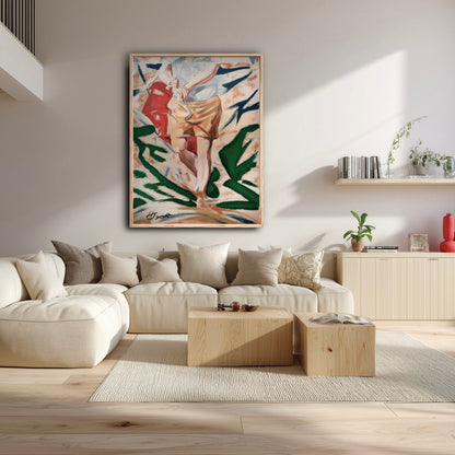 Abstract golf painting in a bright modern living room. Warm beige art tones blend with light wood tables and a cream sofa.