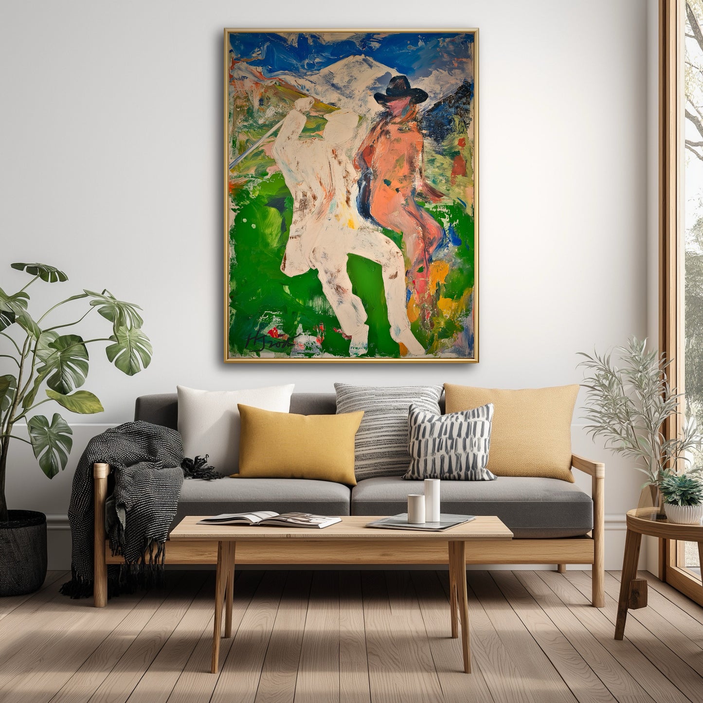 Colorful abstract golf painting in a sunlit living room. Fresh art tones harmonize with yellow pillows and natural greenery.