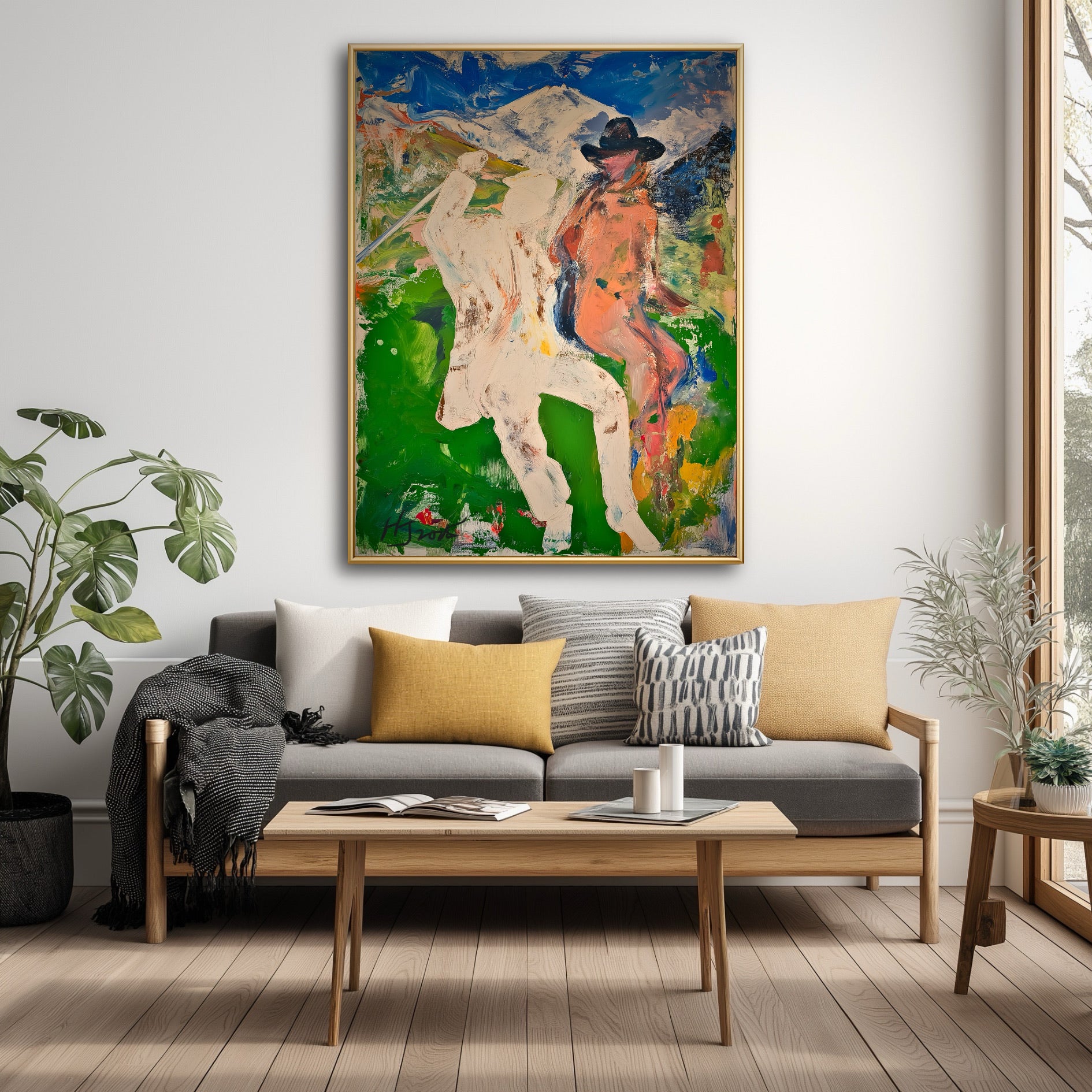 Colorful abstract golf painting in a sunlit living room. Fresh art tones harmonize with yellow pillows and natural greenery.