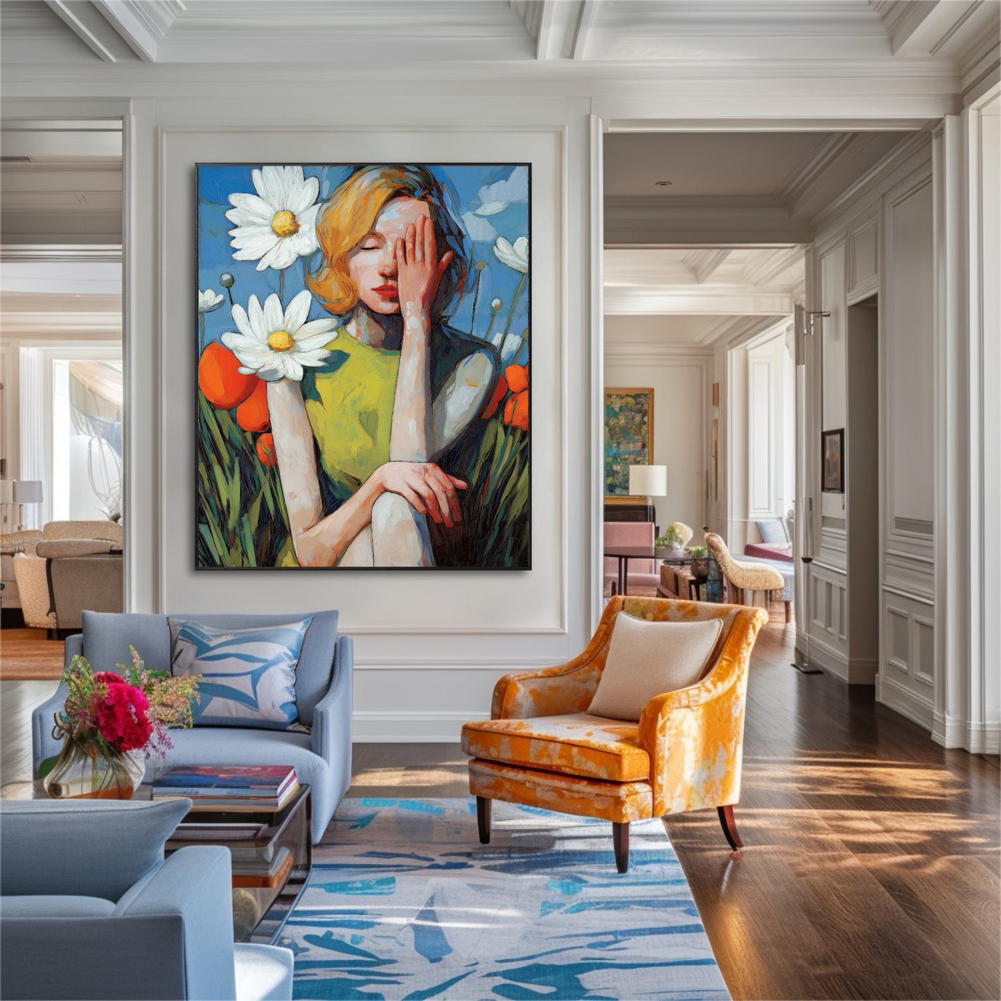 Expressive figurative painting with bold color accents an elegant, classic living room; pale blue sofa and bright orange velvet chair establish an eclectic-chic look.