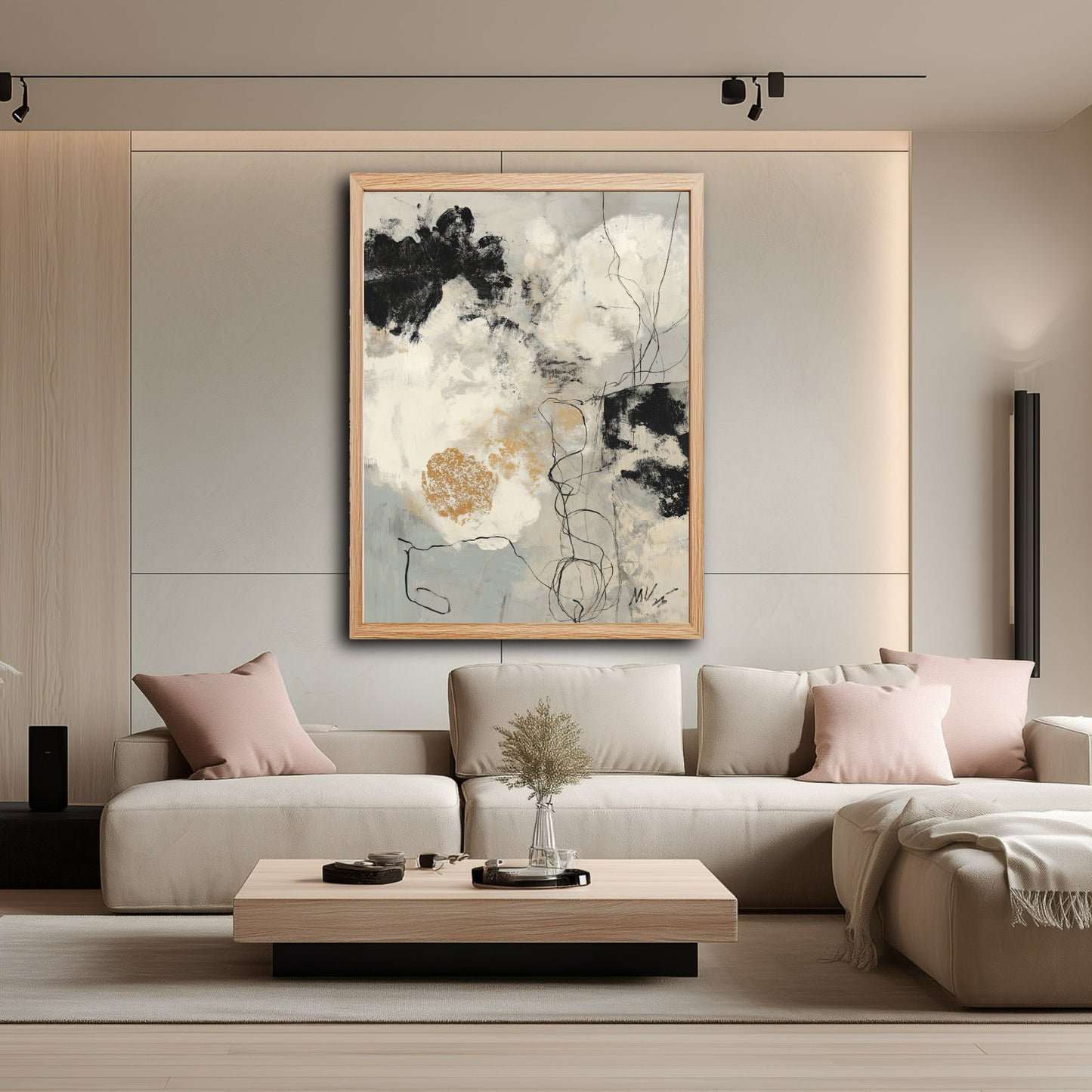 A large abstract painting adds a sophisticated, modern focal point to a minimalist living room, balancing the soft beige sofa and pink pillows.