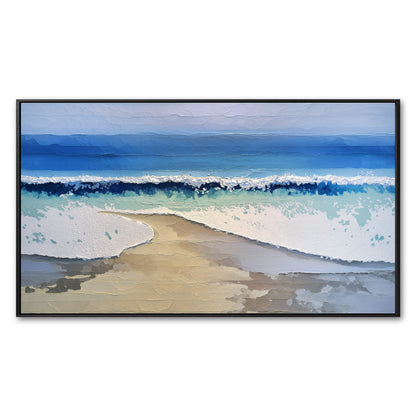 Original abstract beach painting. Textured impasto waves in white and blue meet a warm, sandy shore. Modern balanced-tone coastal art.