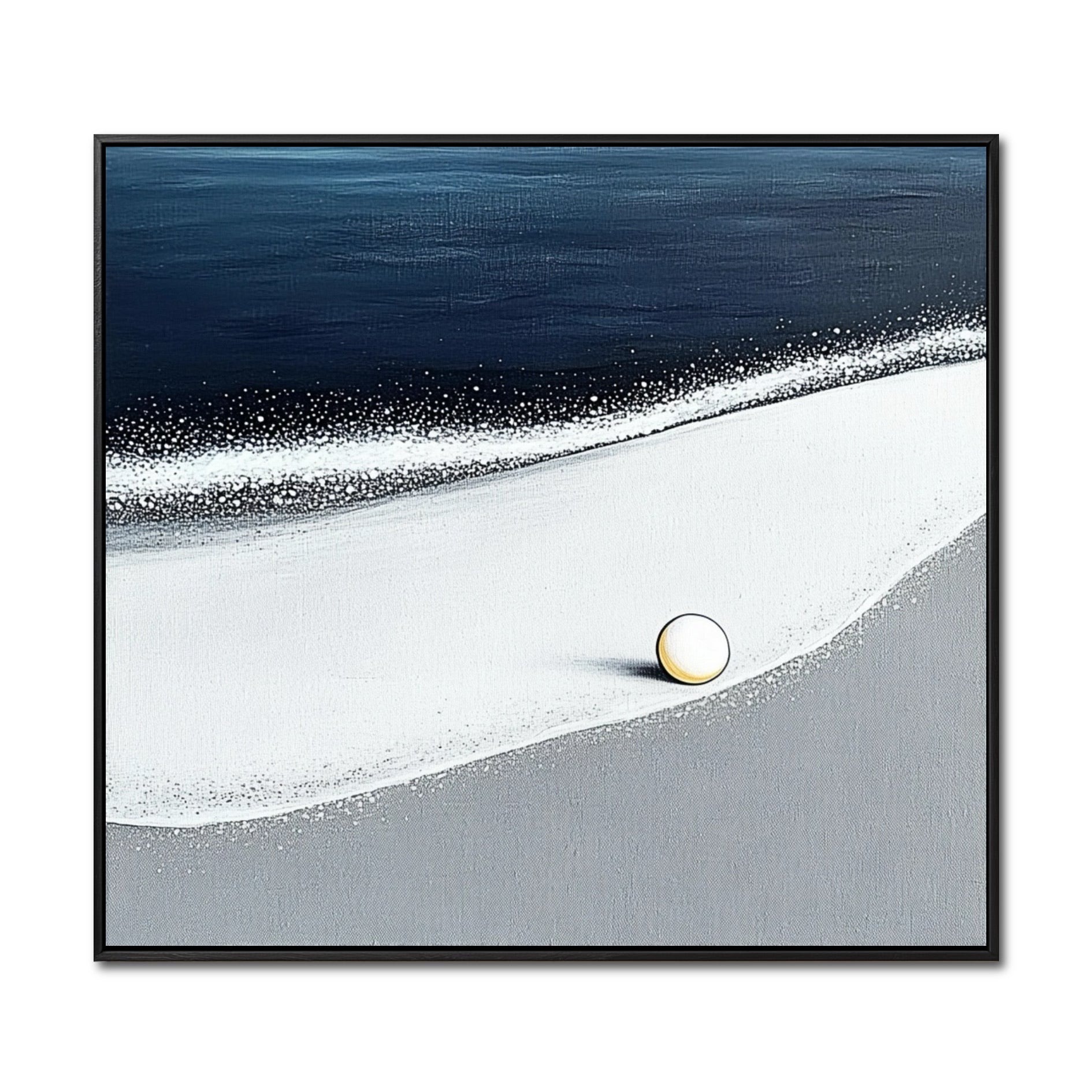 Original abstract painting of a blue ocean, white wave foam, and a single golden pearl on a grey sand beach.