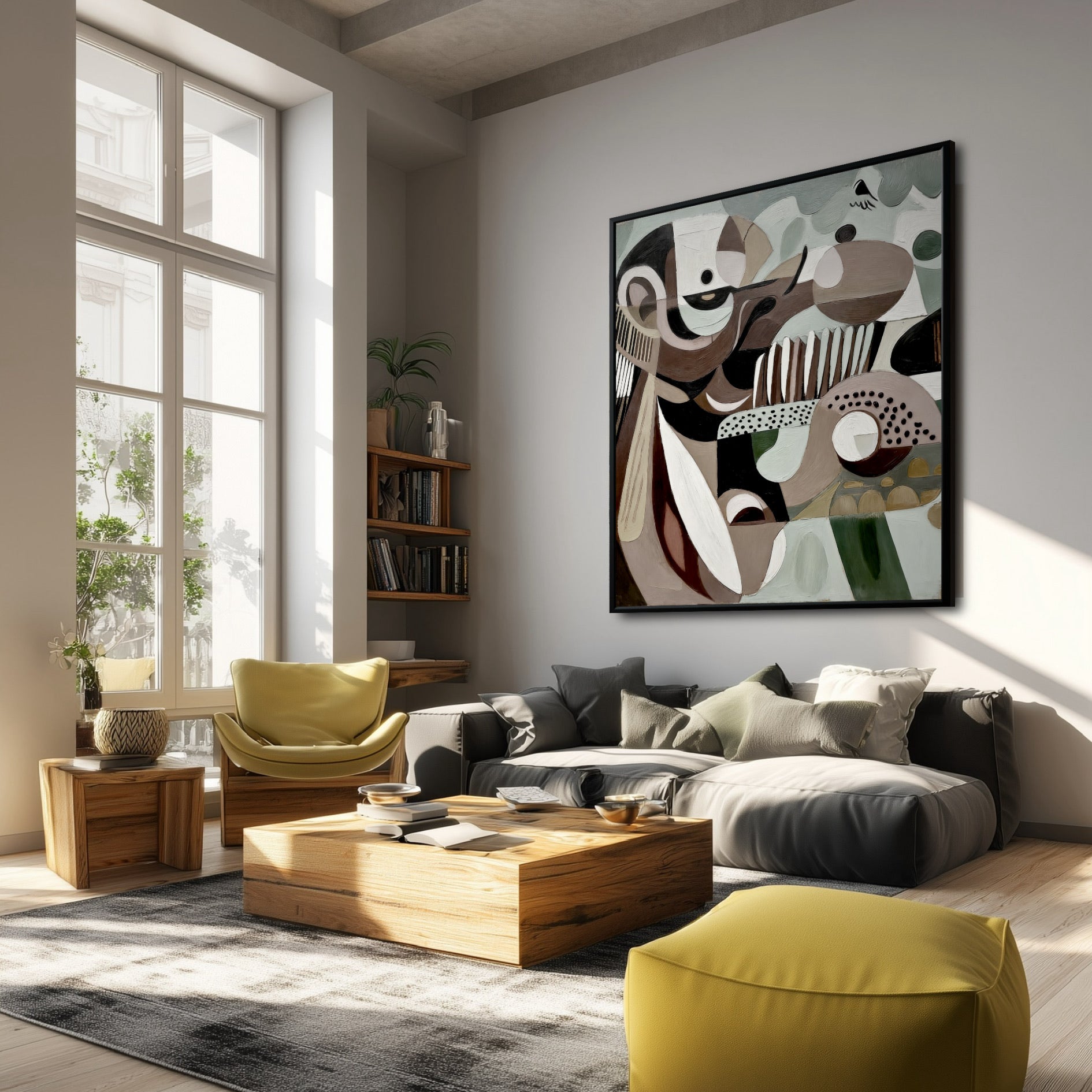A large abstract artwork acts as a grounding focal point in a bright, airy living room, balancing the low-profile sofa and natural light.