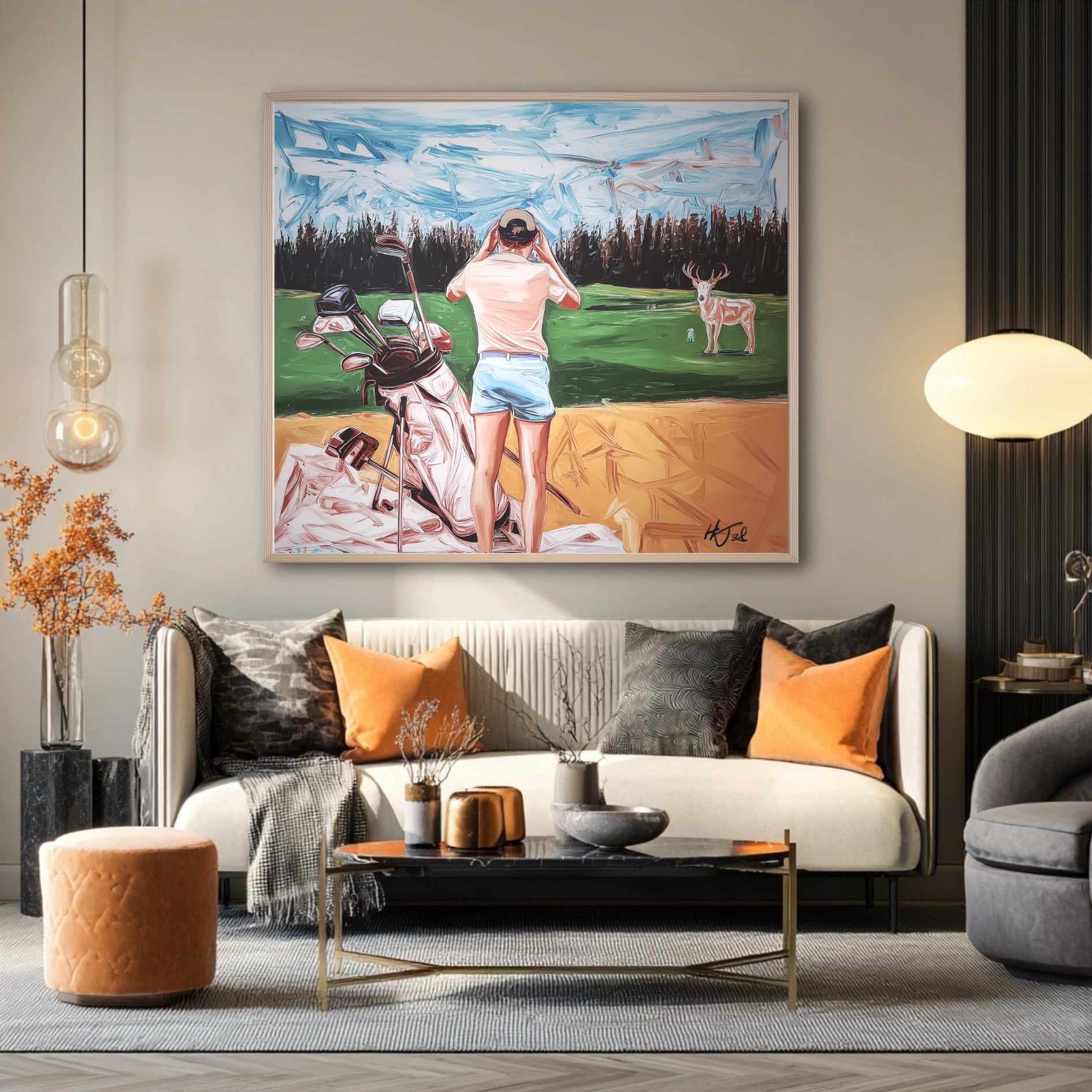 Original golfer and deer painting in a beige elegant living room. Warm art tones match the gold pendant light and neutral decor.