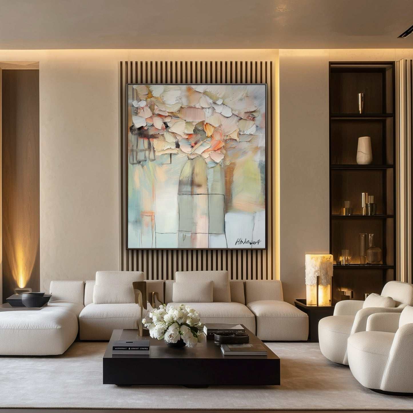 Original abstract floral art acts as a sophisticated focal point, its soft colors complementing the elegant, modern room with slat wood wall.