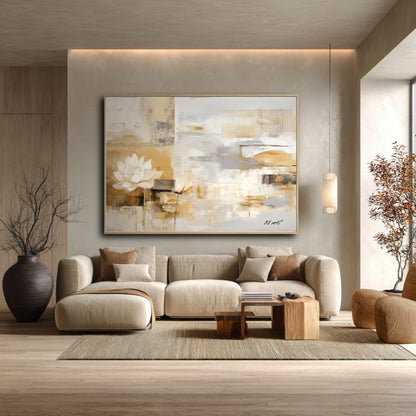 The serene, abstract lotus painting enhances the zen, minimalist atmosphere of this warm-toned living room with a beige sectional.