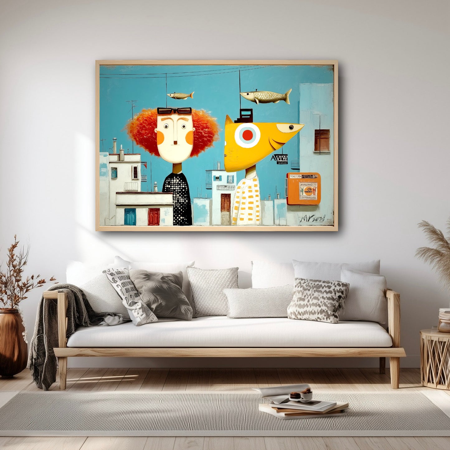 Landscape orientation art centered above a minimalist couch, grounding the airy, sun-lit living room layout.