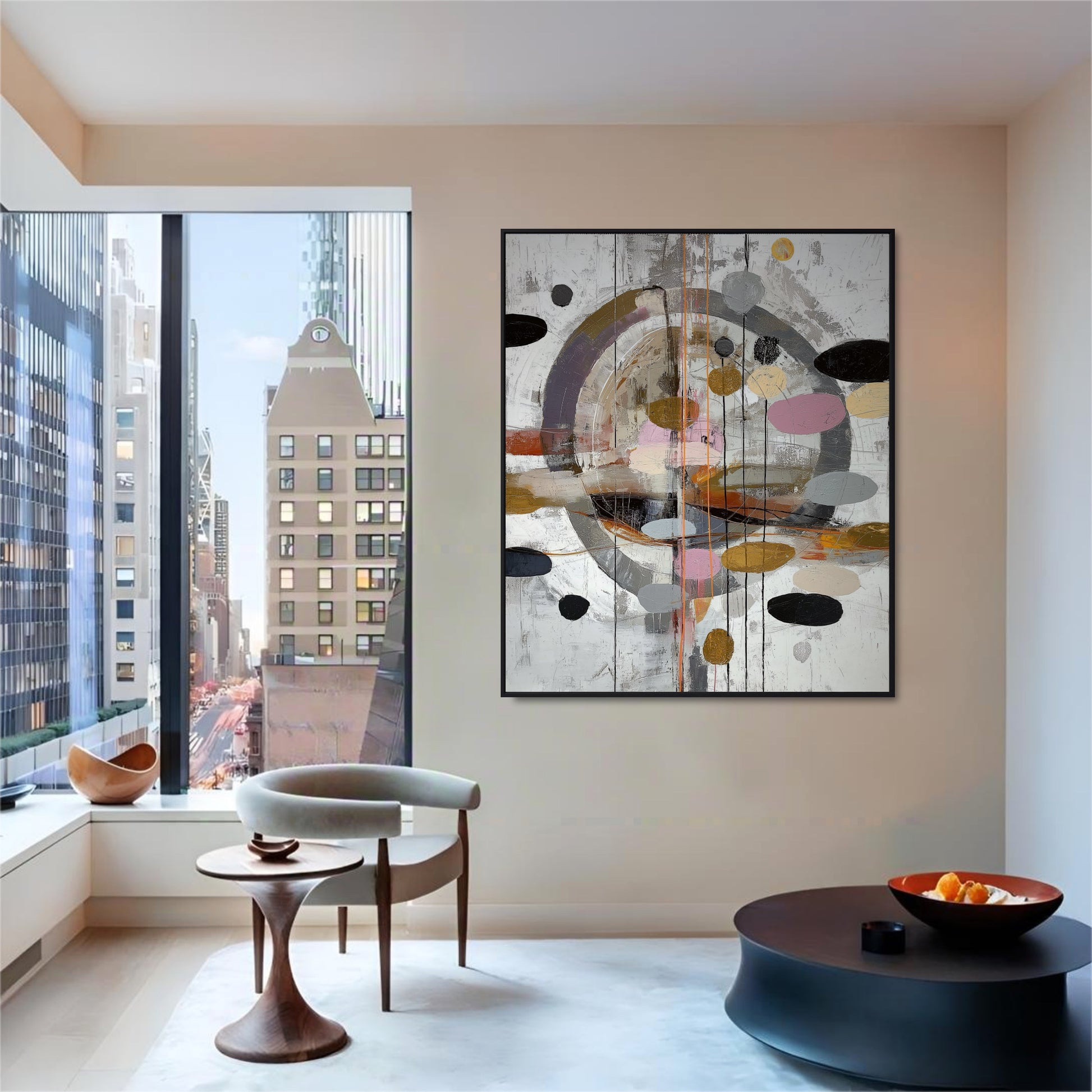 Abstract circular painting over black tables in a minimalist room with panoramic windows showing a busy cityscape.