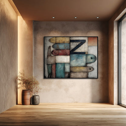 Horizontal abstract folk art piece is the sole focus in a modern, light-filled corner room with warm-toned textured walls and wood flooring.