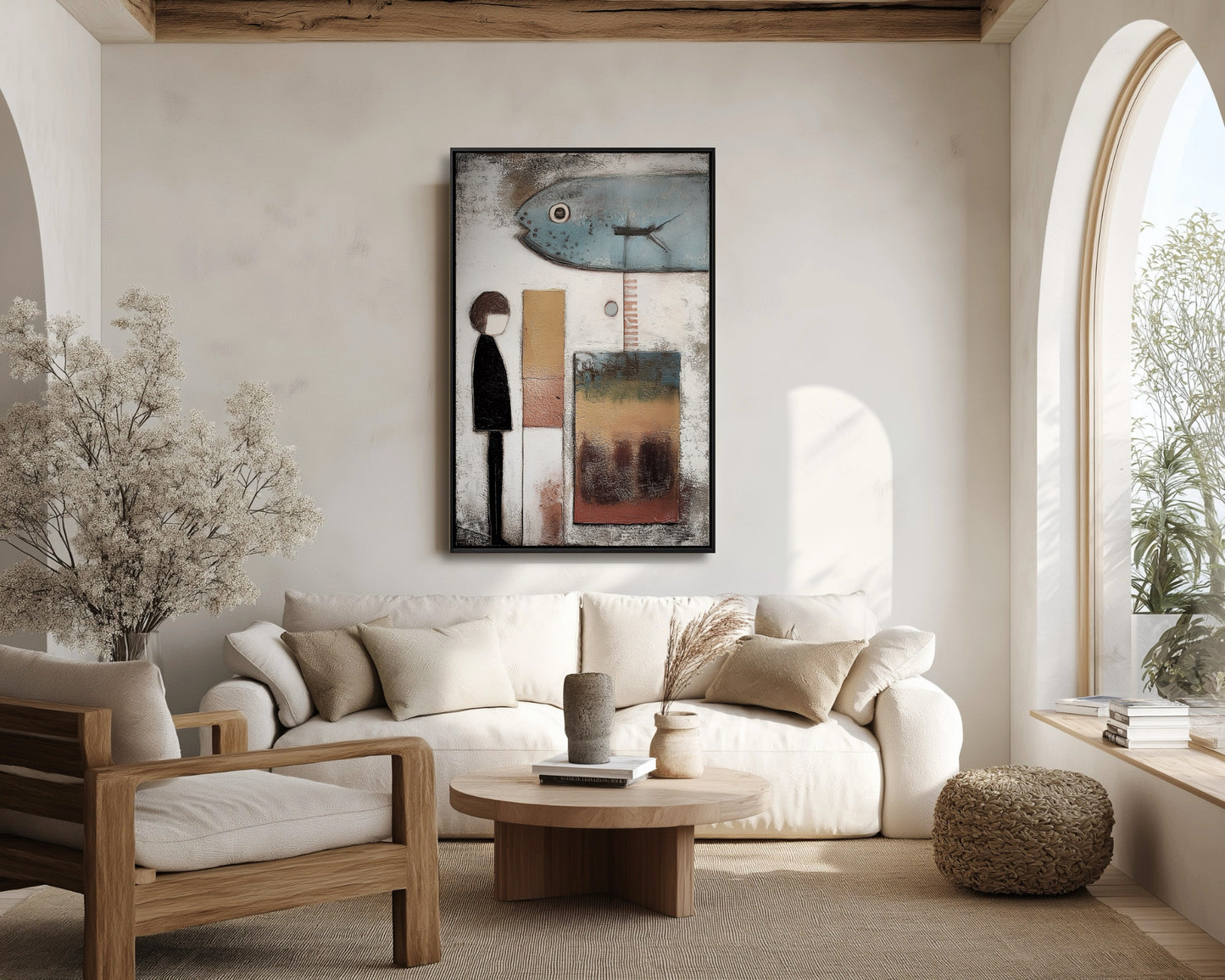Vertical folk art painting hangs above a low, cream sofa, adding character to a bright, arched-window living room with natural wood accents.