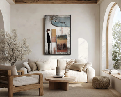 Vertical folk art painting hangs above a low, cream sofa, adding character to a bright, arched-window living room with natural wood accents.