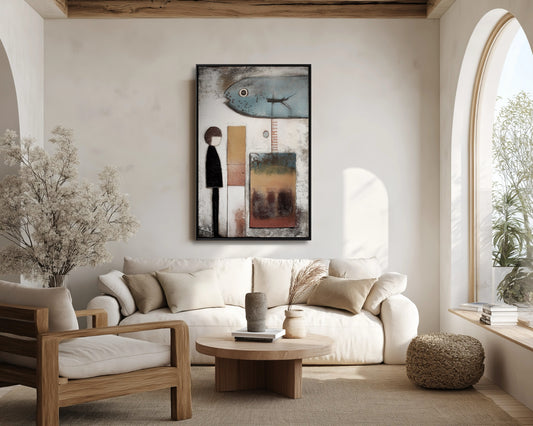 Vertical folk art painting hangs above a low, cream sofa, adding character to a bright, arched-window living room with natural wood accents.