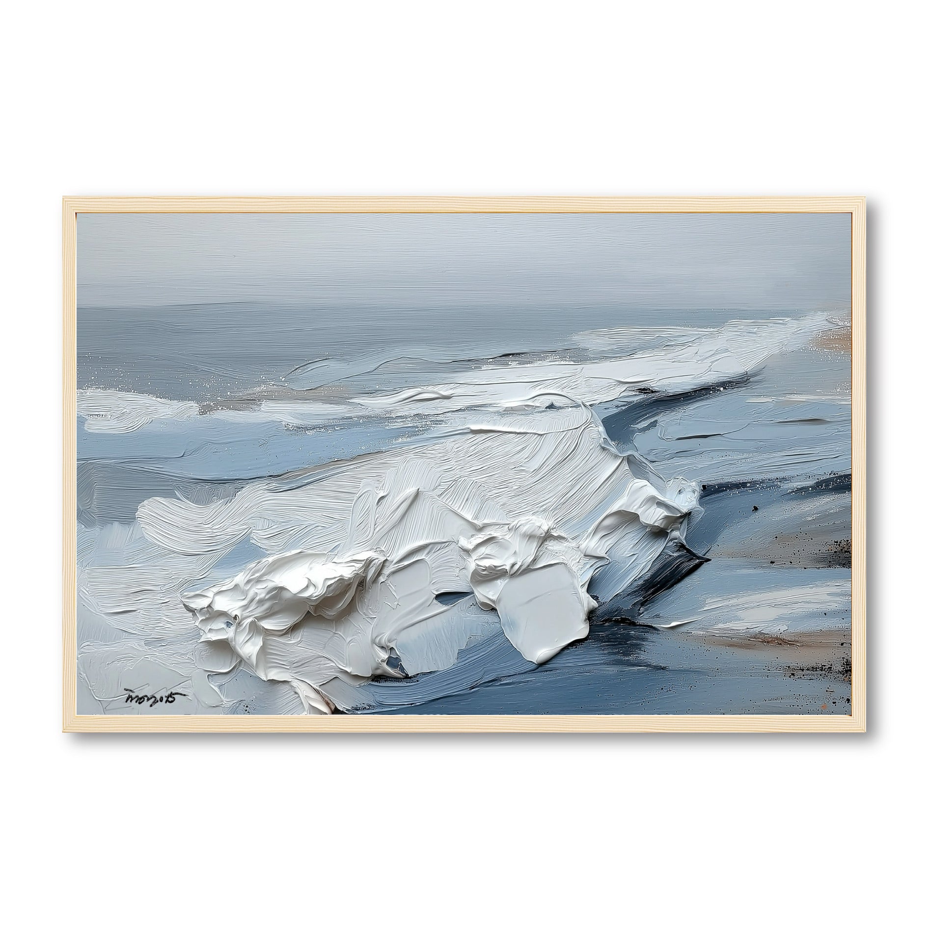 Original abstract painting of a coastal seascape. Features heavy impasto texture in white and blue. A modern, cold-tone art piece.