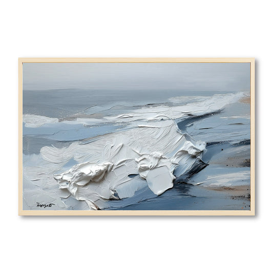 Original abstract painting of a coastal seascape. Features heavy impasto texture in white and blue. A modern, cold-tone art piece.
