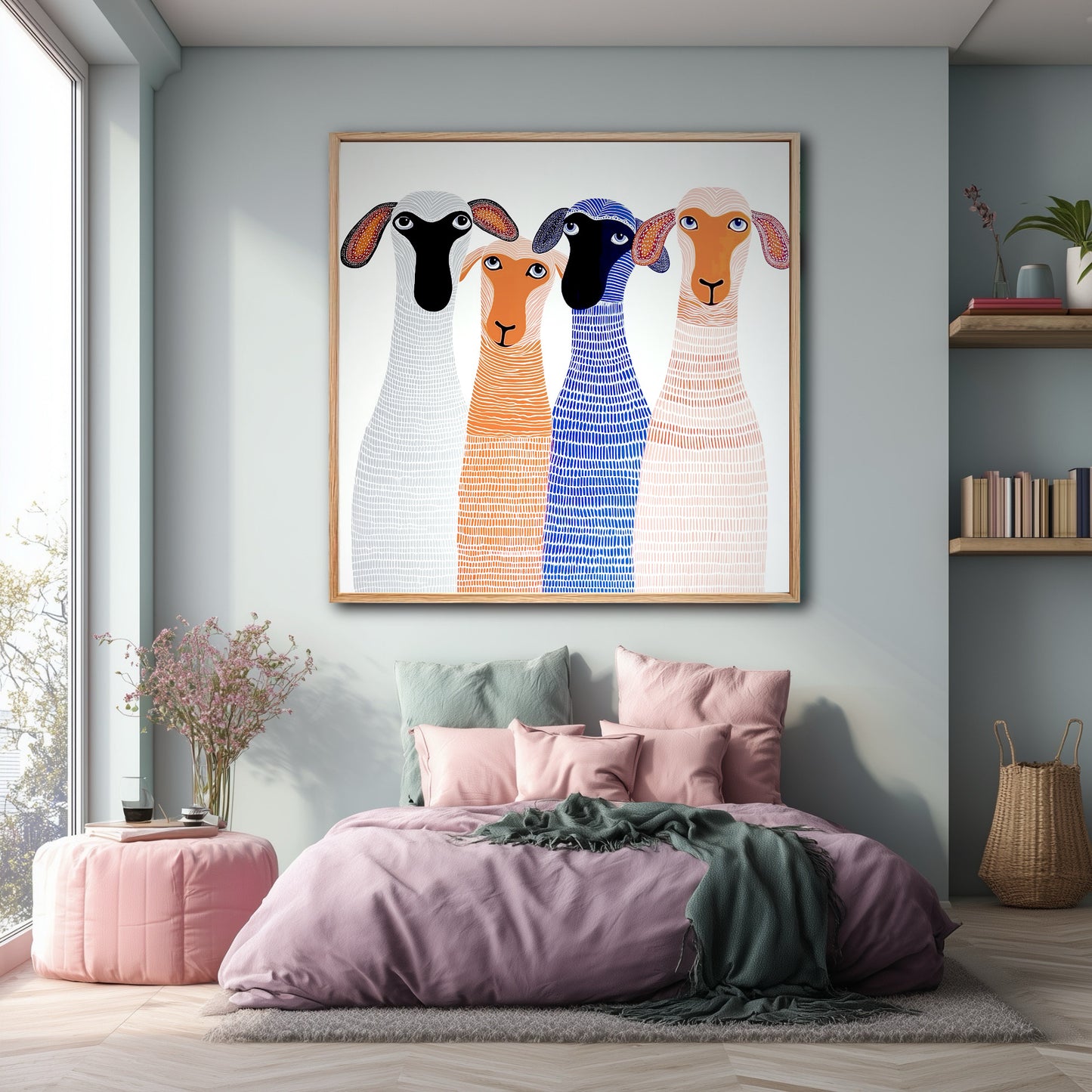 Large folk art sheep painting hung in a bright, modern bedroom with pink and sage green bedding and light wood floors.