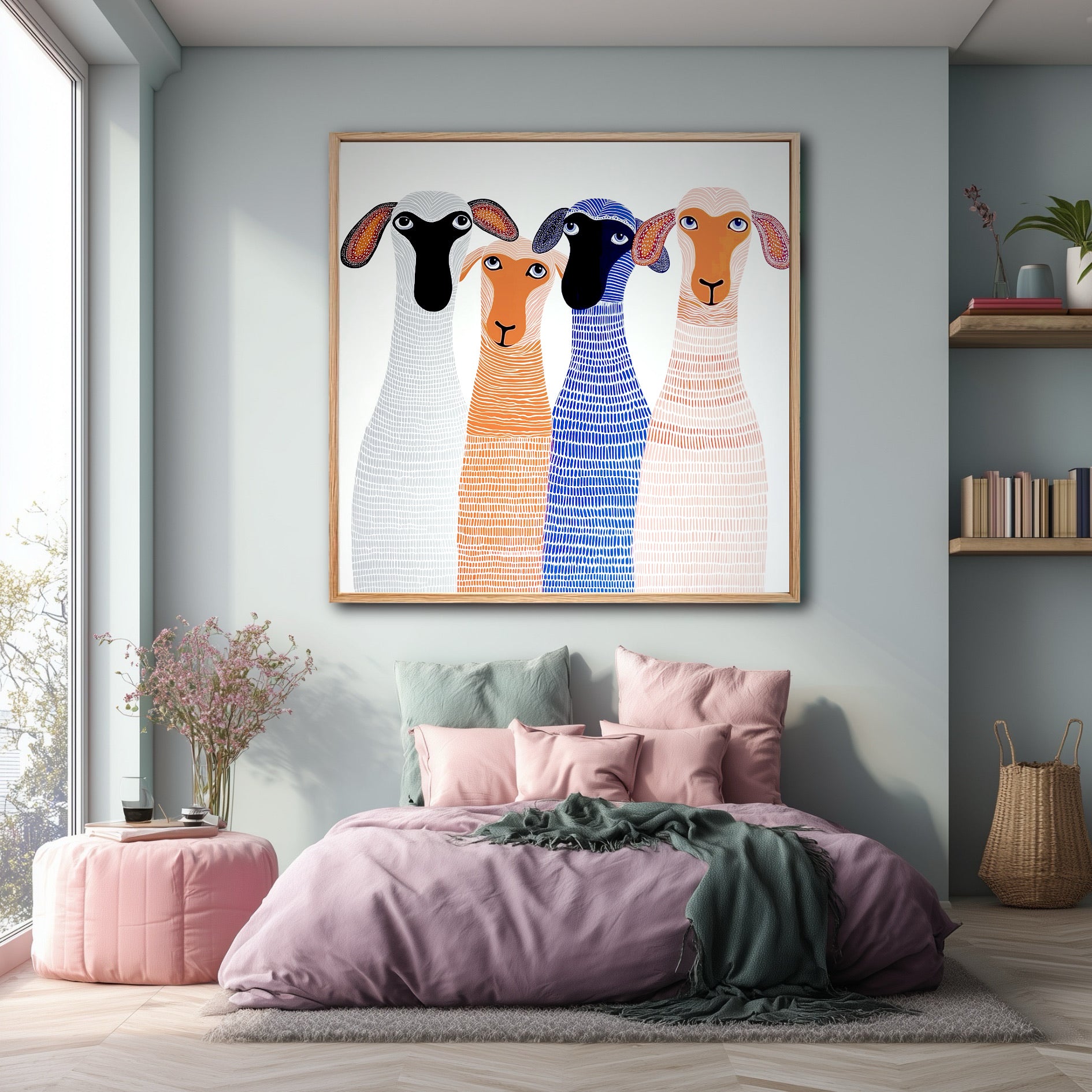 Large folk art sheep painting hung in a bright, modern bedroom with pink and sage green bedding and light wood floors.