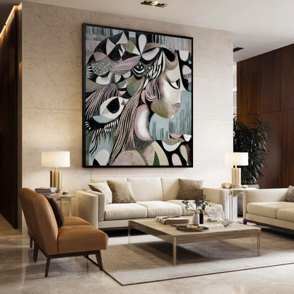 A large abstract female portrait hangs in a sophisticated, neutral-toned living room above an elegant white sofa and table lamps.