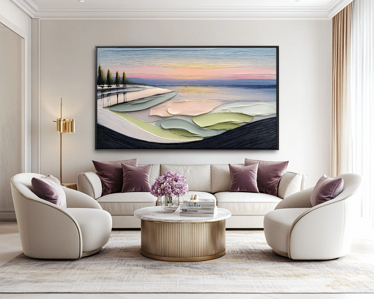 Textured sunset painting in a luxurious living space with cream chairs, plum pillows, and a pleated gold marble coffee table.