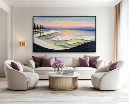 Textured sunset painting in a luxurious living space with cream chairs, plum pillows, and a pleated gold marble coffee table.