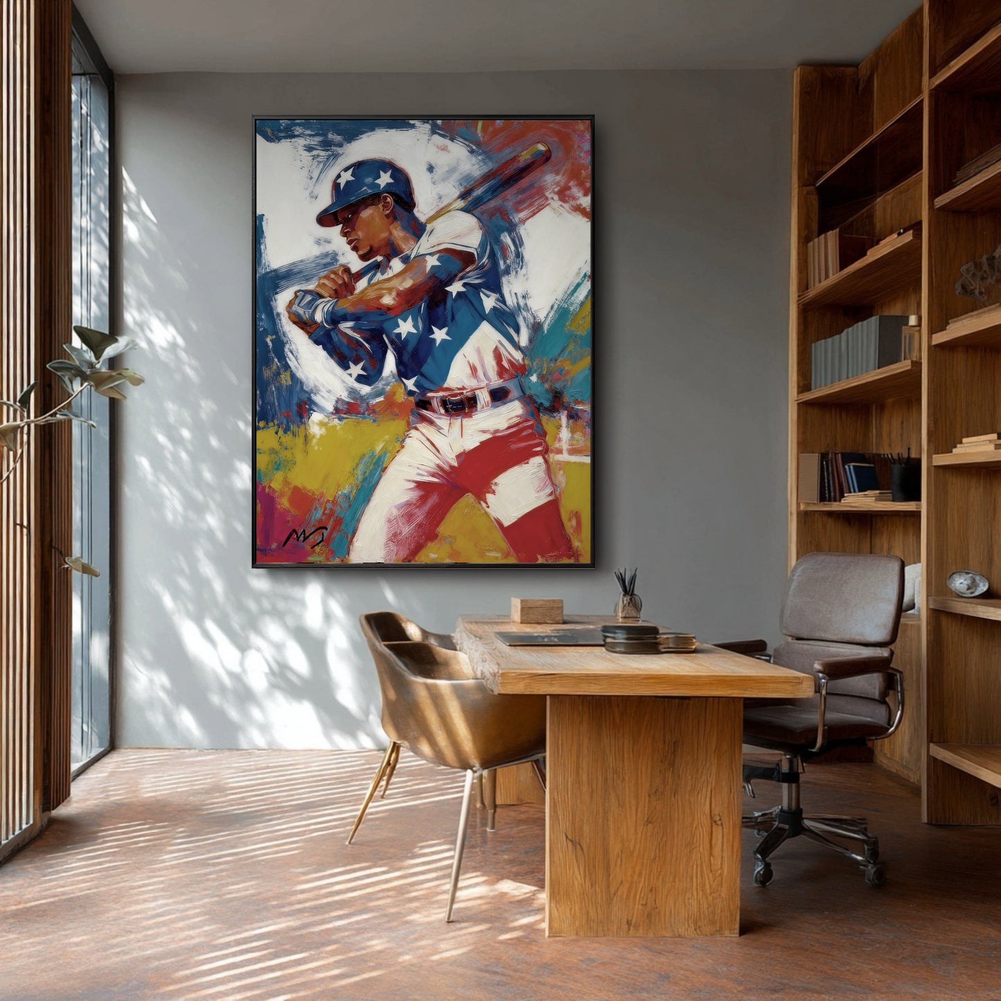 Large painting of a baseball player in a modern home office with a wooden desk, bookshelves, and large windows.