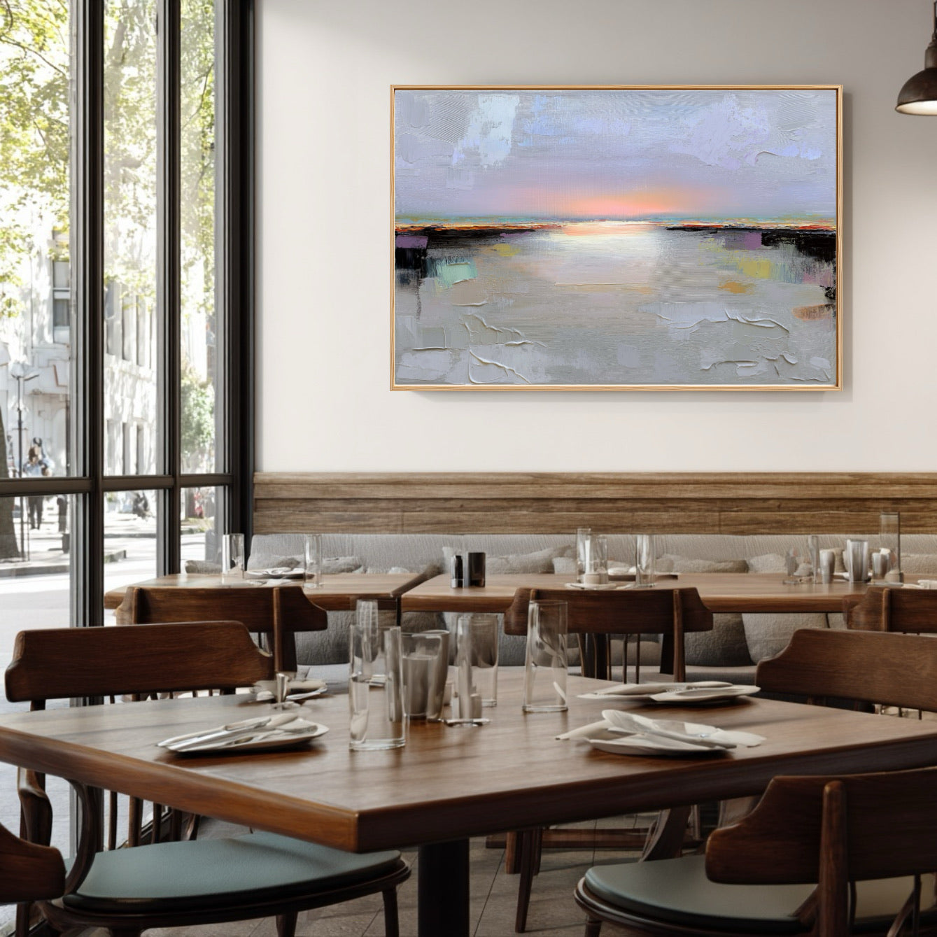 Modern restaurant interior with wooden tables, chairs, and abstract art on the wall.