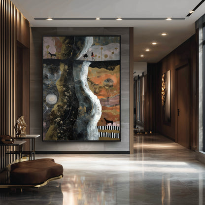 Monumental textured painting complements the deep browns and wood paneling, elevating this sophisticated modern apartment corridor.