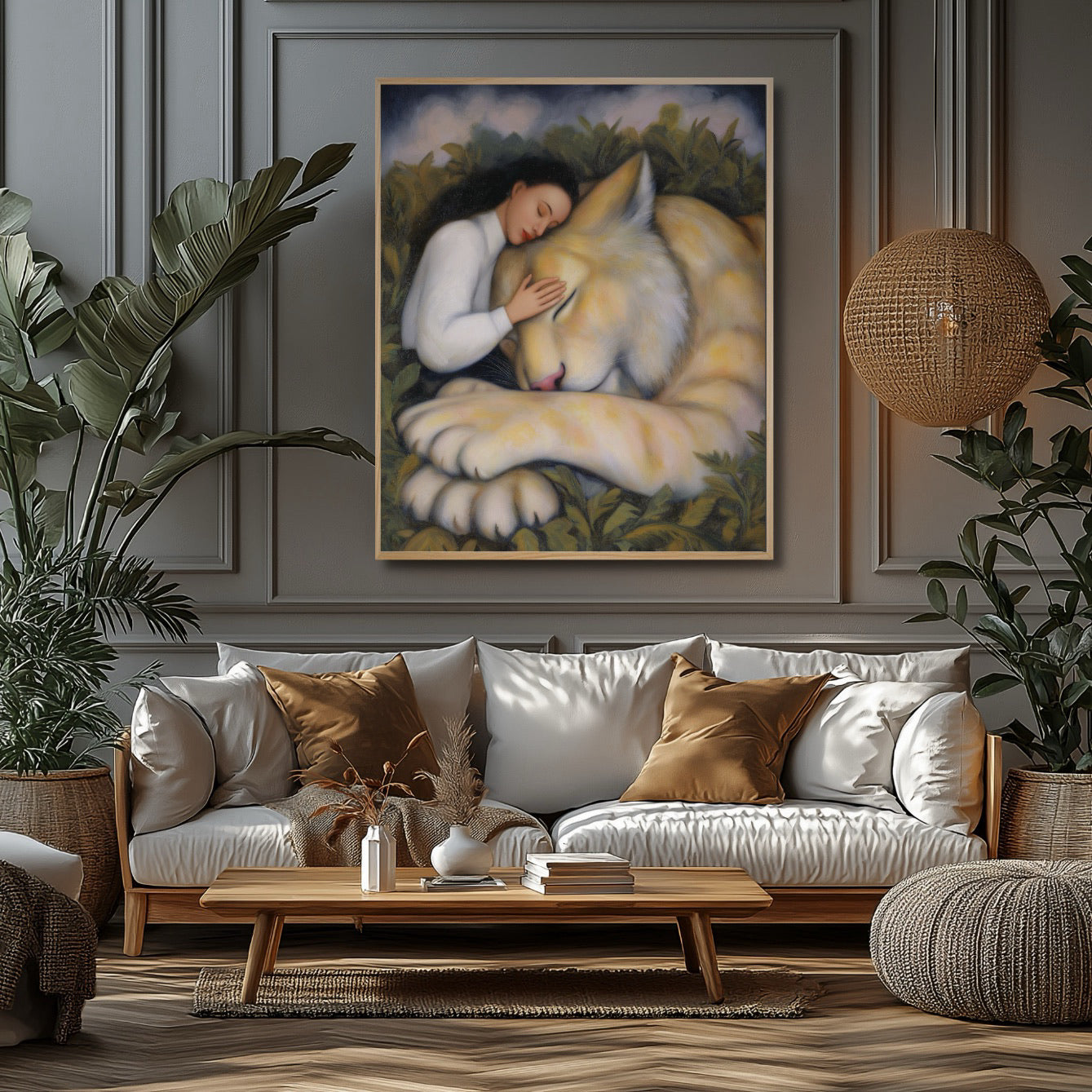 Comforting big cat artwork creates a harmonious, natural look with bohemian decor, rattan light, and neutral-toned wooden furniture.