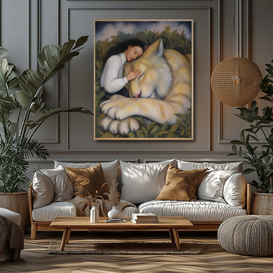 Comforting big cat artwork creates a harmonious, natural look with bohemian decor, rattan light, and neutral-toned wooden furniture.