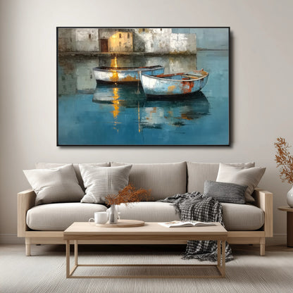 Coastal boat artwork above a light wood sofa in a neutral modern living room with gray and white soft furnishings.