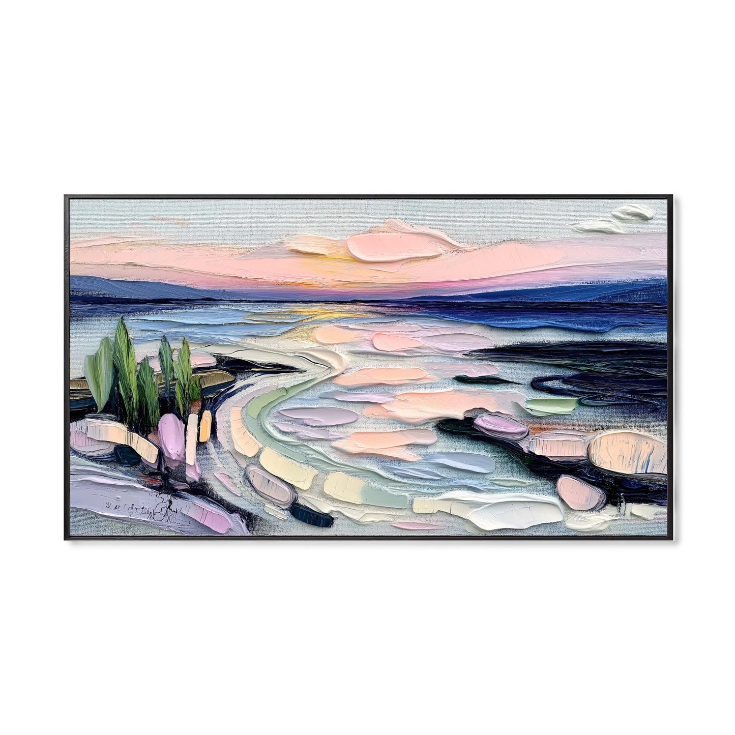 Original hand-painted abstract landscape. Warm/cool color contrast, extreme texture impasto, rhythmic movement, serene estuary vibe painting.