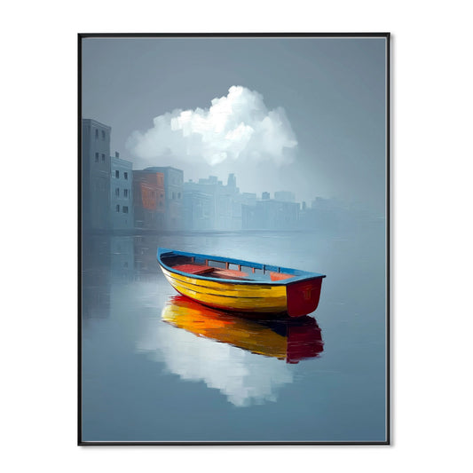 Original hand-painted single boat art. Bold warm/cool contrast, hazy cityscape, vivid water reflections, serene yet striking marine vibe.