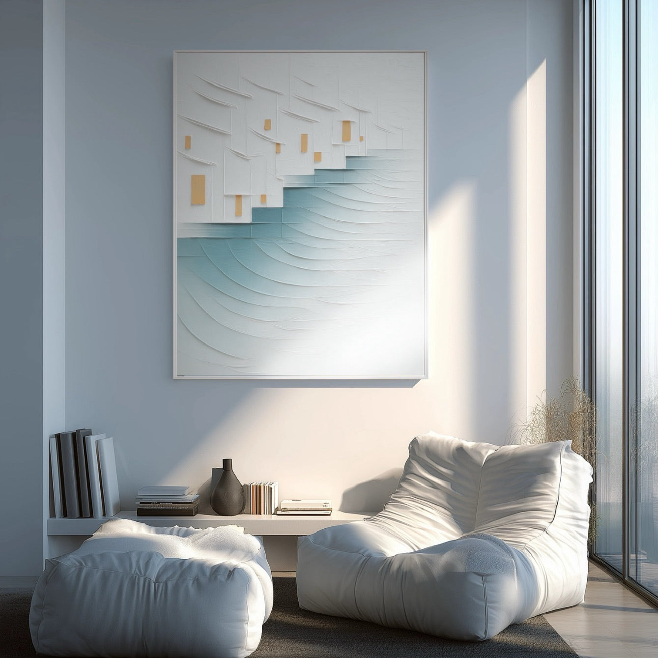 A room pic shows an expressionist deco painting, creating elegant, calm, playful, romantic, minimalist, and futuristic vibes.				