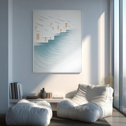 A room pic shows an expressionist deco painting, creating elegant, calm, playful, romantic, minimalist, and futuristic vibes.				