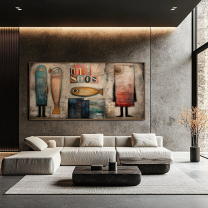 Horizontal folk art abstract painting anchors a modern living space above a white sectional, set against a dramatic, dark concrete accent wall.