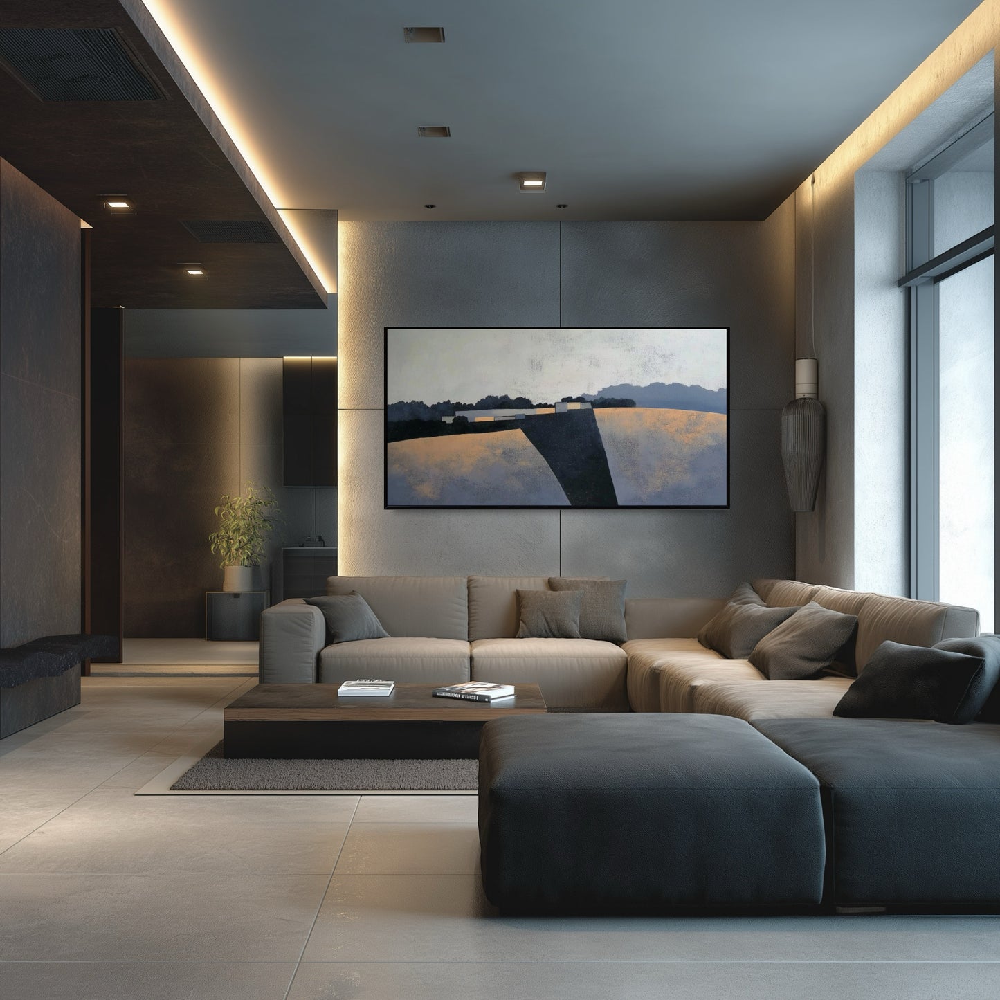 Original abstract landscape art complementing a light blue-grey sectional sofa in a bright, minimalist, contemporary living room.