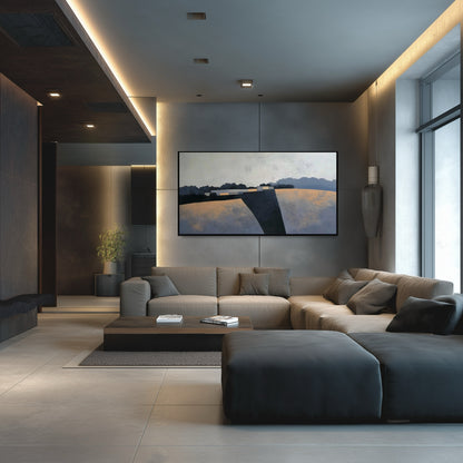 Original abstract landscape art complementing a light blue-grey sectional sofa in a bright, minimalist, contemporary living room.