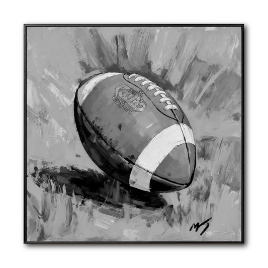 Original framed black and white painting of an American football against a dynamic, abstract background of brushstrokes.