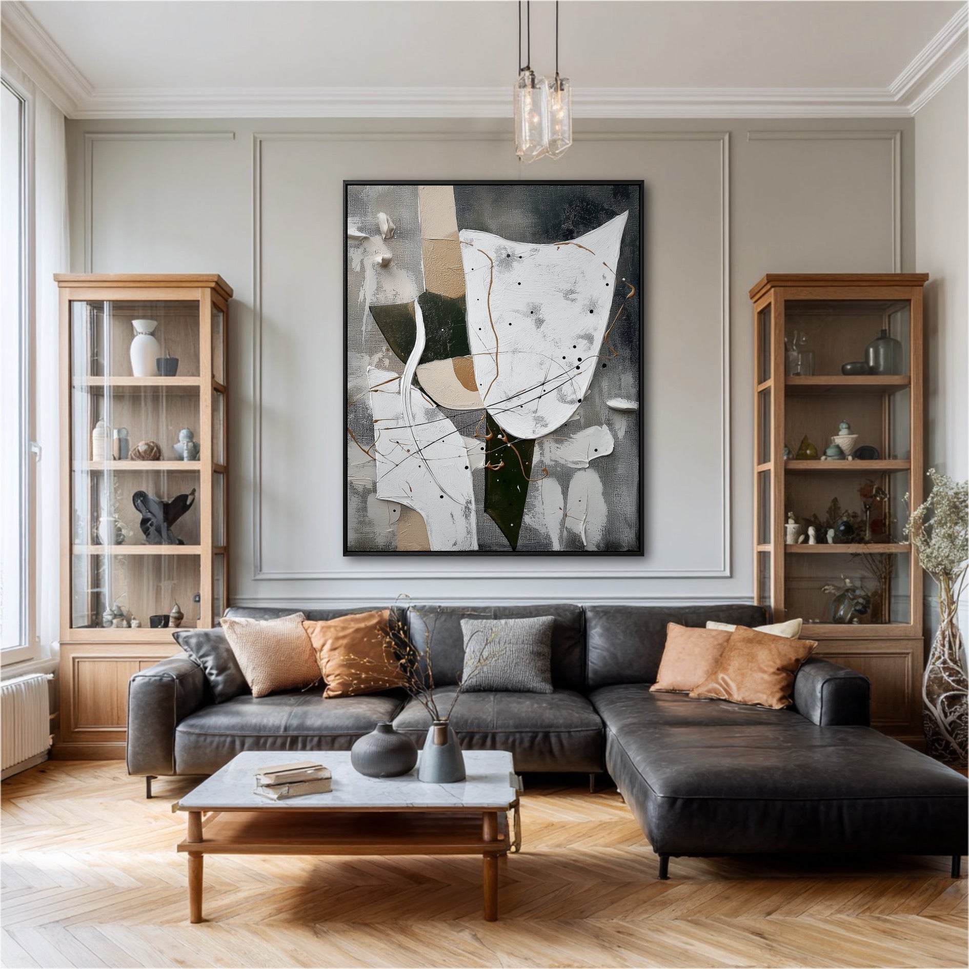 A large abstract painting serves as a contemporary centerpiece in a classic living room with herringbone floors and a leather sofa.
