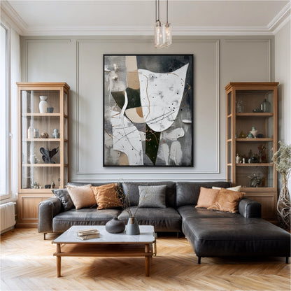 A large abstract painting serves as a contemporary centerpiece in a classic living room with herringbone floors and a leather sofa.