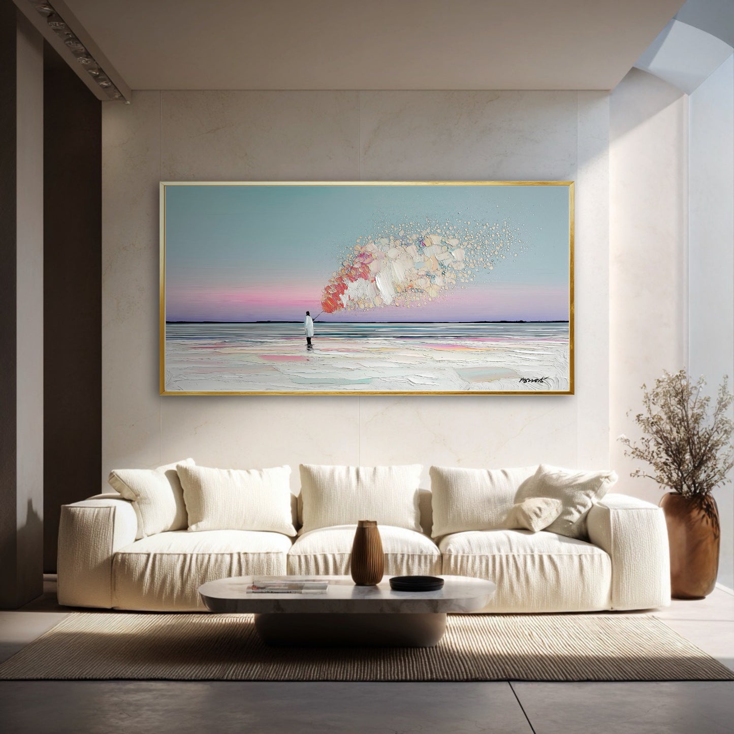 A large, textured abstract painting provides a captivating focal point, adding a pop of serene color to a bright, modern room.