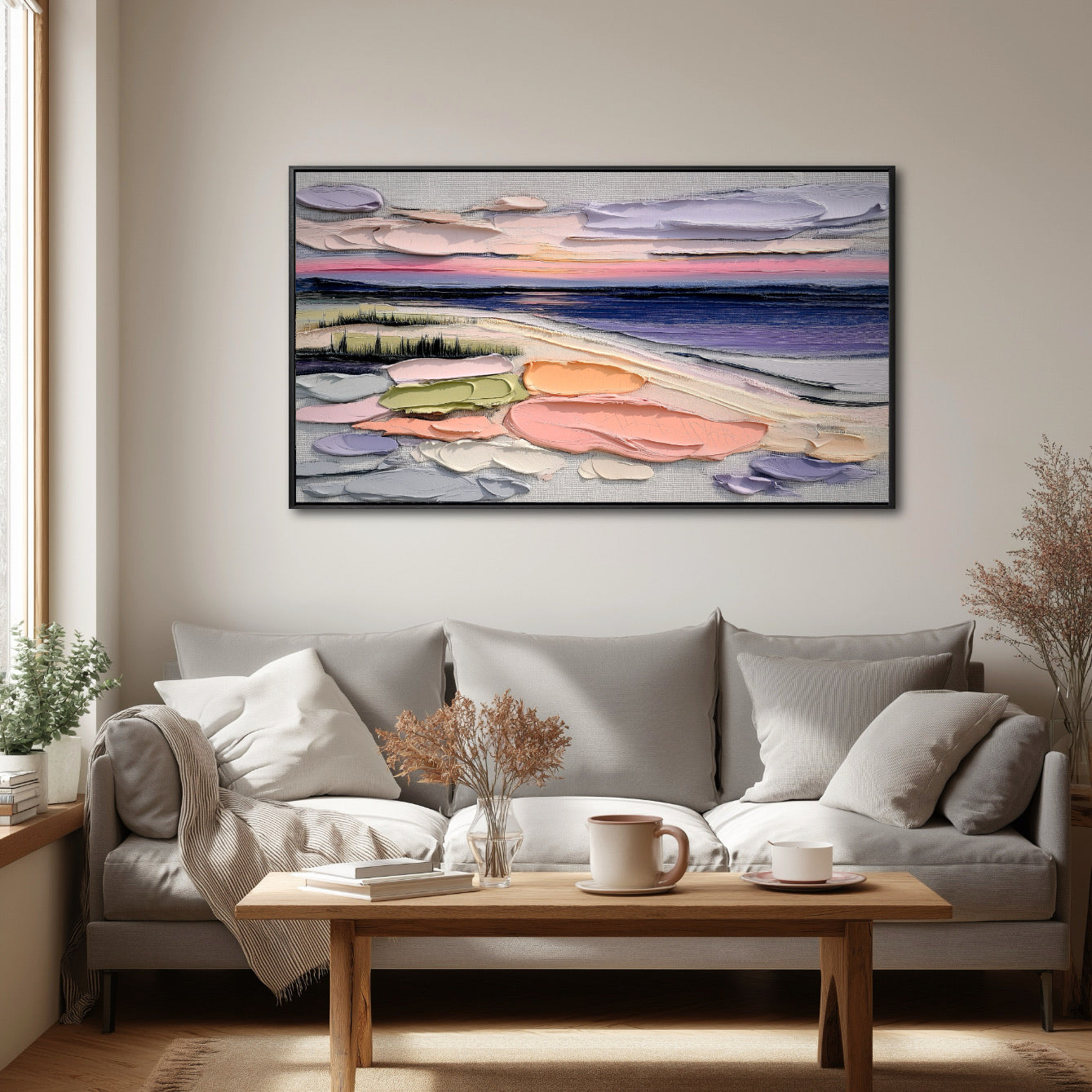 Original abstract beach art introduces serene color and texture over a minimalist gray sofa with a wooden coffee table, perfect for a calming space.