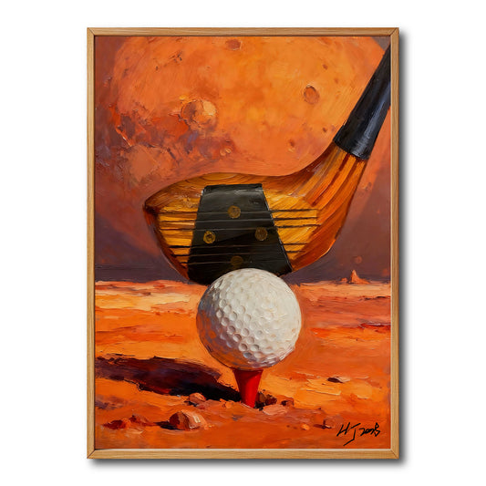 Original surreal oil painting of vintage golf club on Mars. Warm orange and red tones create an intense, focused warm vibe.