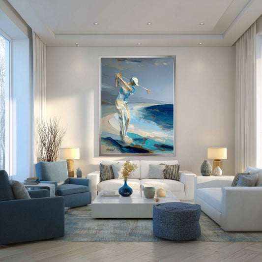 Large golf artwork in bright living room. Cool ocean tones match blue armchairs and white sofa for an airy, elegant style.