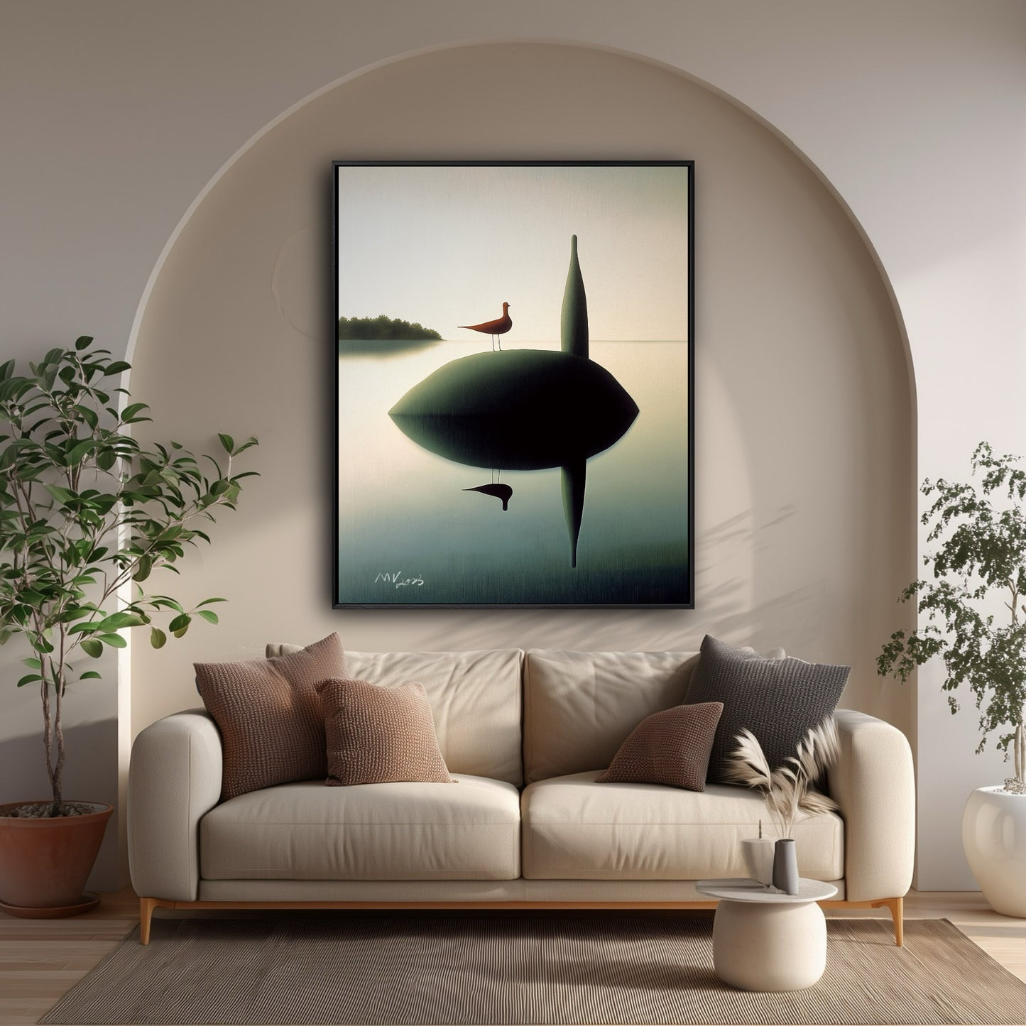 Framed minimalist art centered in an arched wall niche above a contemporary sofa, defining the room's central symmetry.