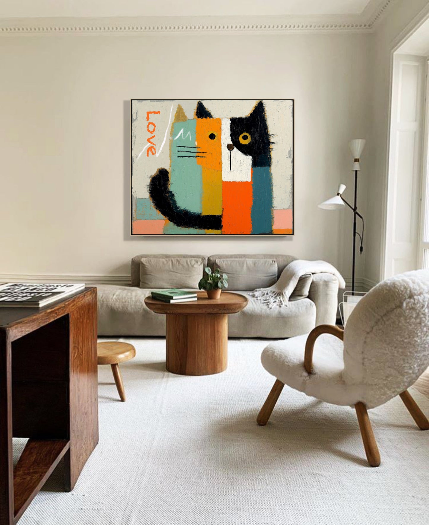 Whimsical abstract painting serves as a colorful focal point in a minimalist, Scandi-style room with low-profile, neutral furniture.