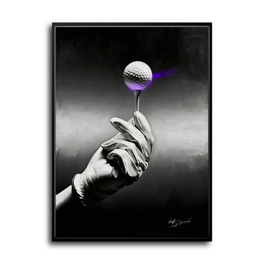 Original black and white golf painting with a neon purple accent. Cool monochrome tones create a mysterious, modern vibe.