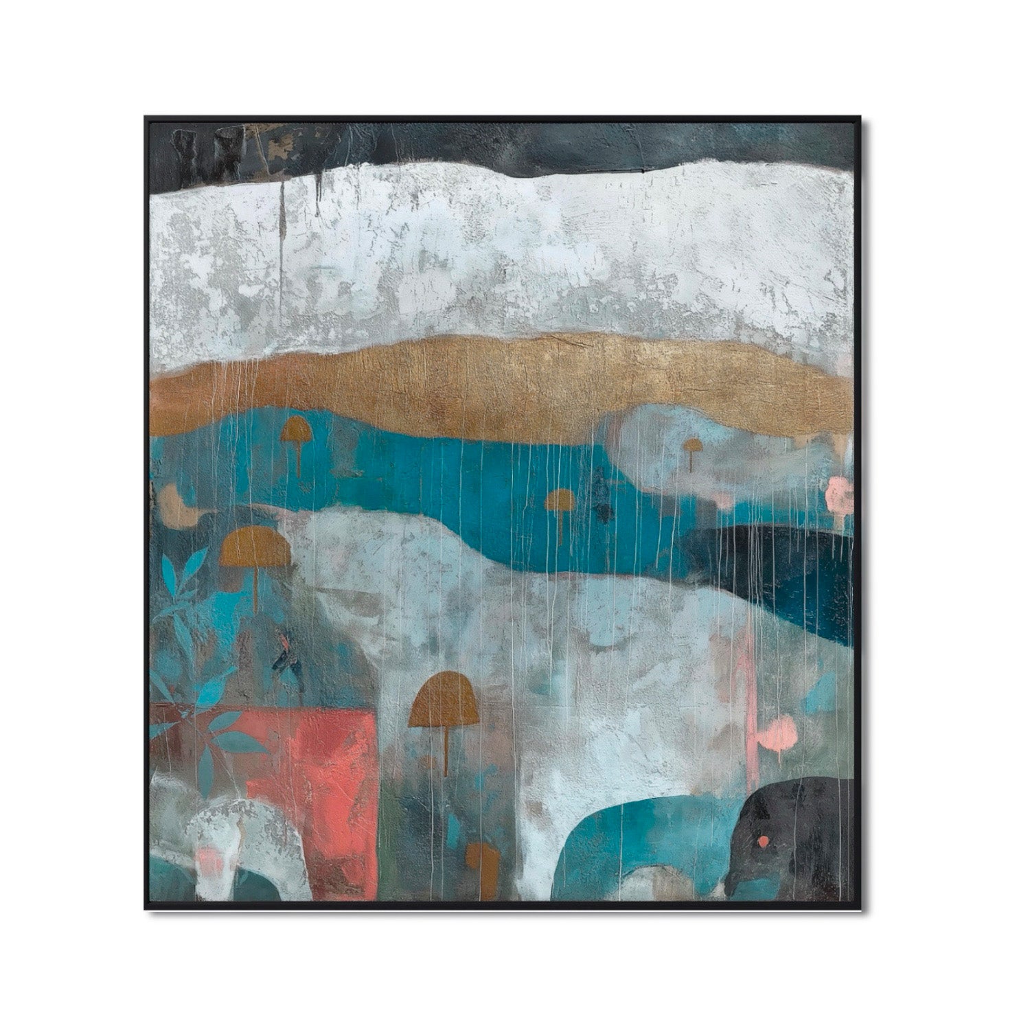 Original abstract landscape painting. Heavy texture in white, blue, and gold with earth tones; expressive and layered contemporary style.